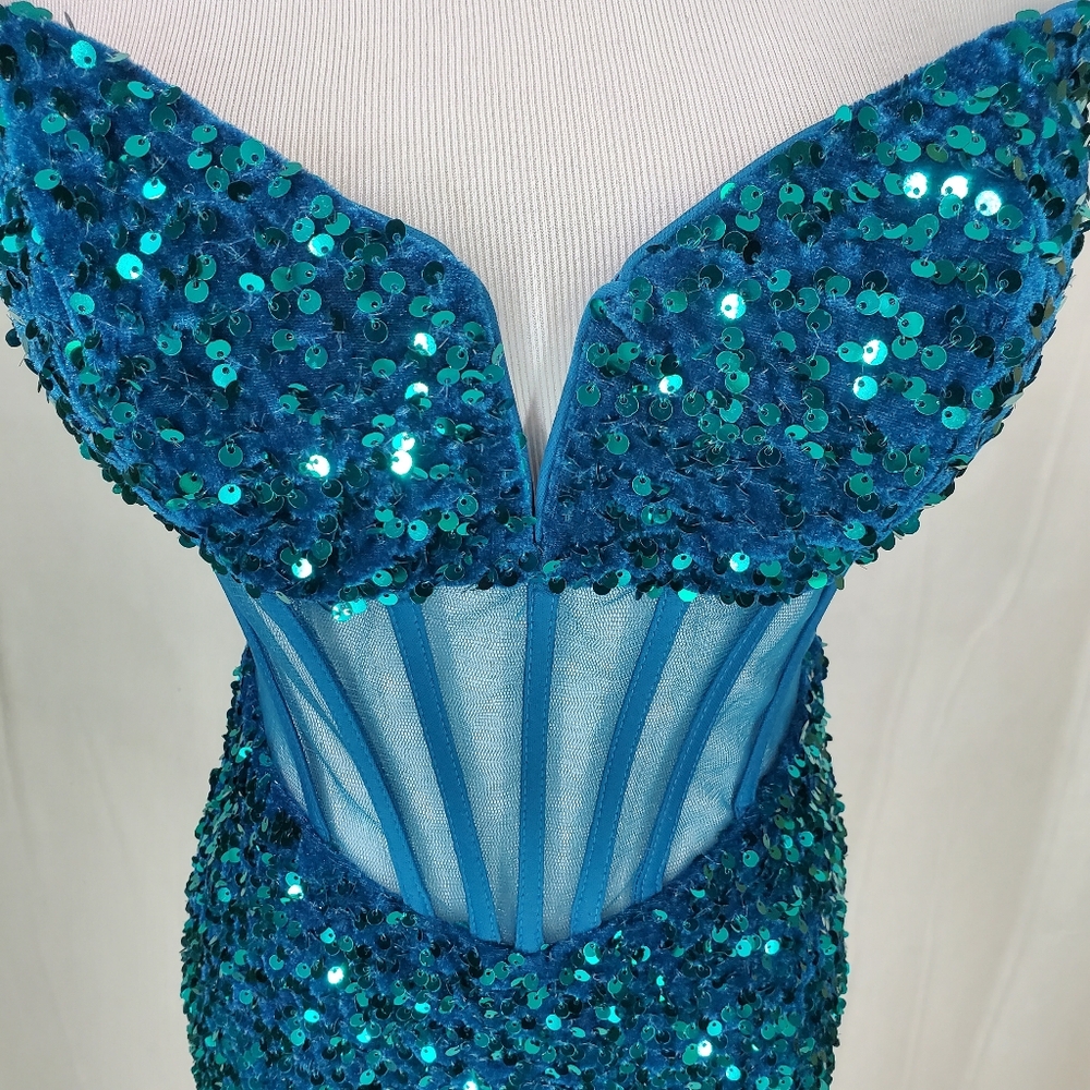 Alyce Paris Strapless Emerald Green Teal Velvet Corset Dress Side Slit HOCO Sz 2 - Picture 9 of 14